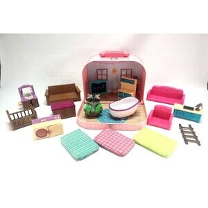 Lil Woodzeez Racoon figure Playset Lot Carry Case Furniture Flocked doll